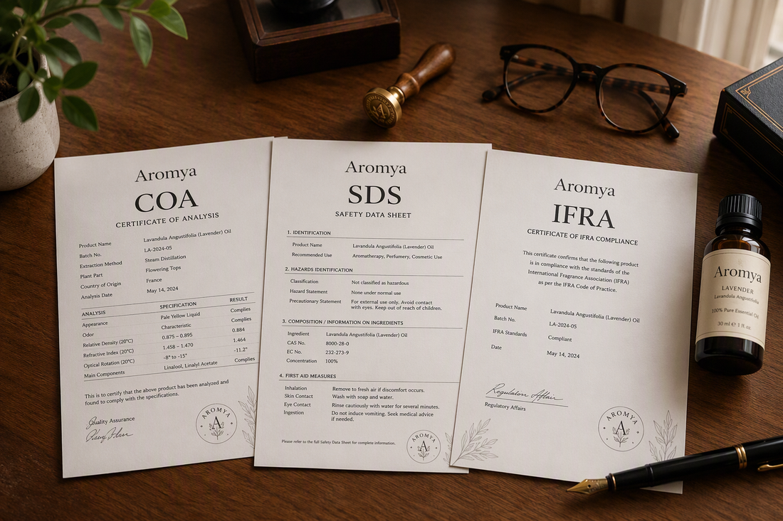 COA, SDS and IFRA documents for Aromya fragrance oils and essential oils